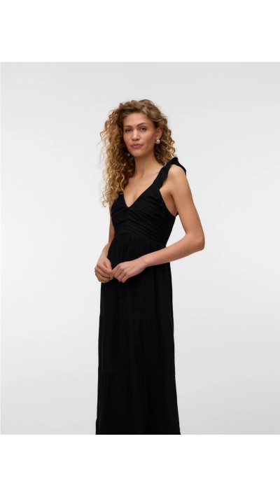 VESTIDO LARGO NEGRO ESCOTE FRUNCIDO TIRA VOLANTE