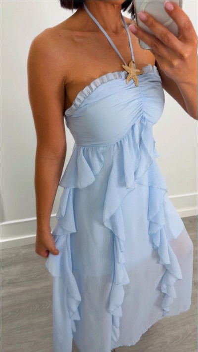 VESTIDO DETALLE ESTRELLA DE MAR AZUL CIELO GASA