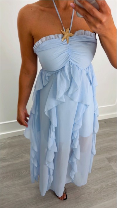 VESTIDO DETALLE ESTRELLA DE MAR AZUL CIELO GASA