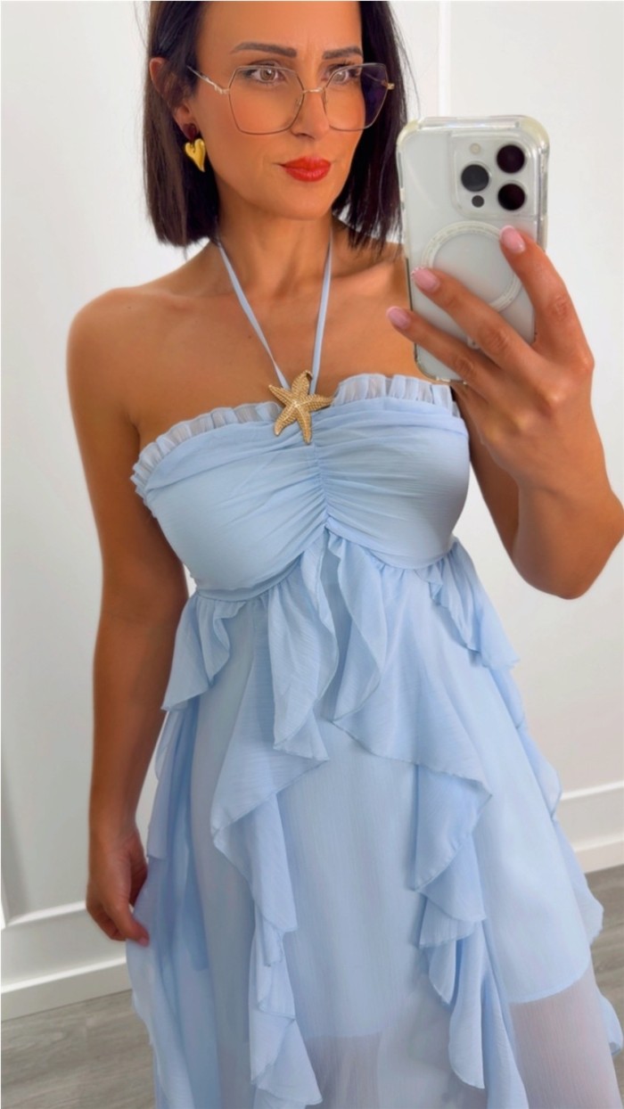 VESTIDO DETALLE ESTRELLA DE MAR AZUL CIELO GASA
