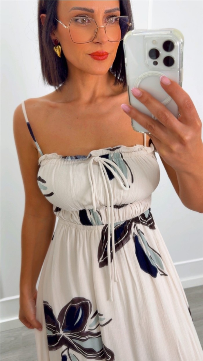 VESTIDO TIRAS FONDO BEIGE FLORES NEGRAS