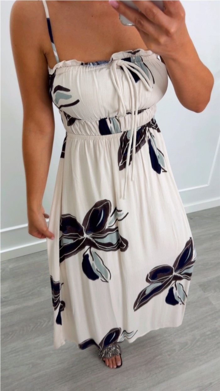 VESTIDO TIRAS FONDO BEIGE FLORES NEGRAS