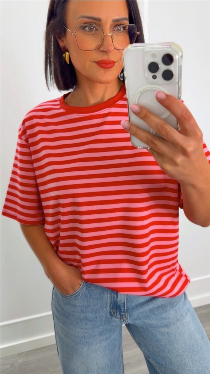 CAMISETA CUELLO REDONDO ROJO ROSA