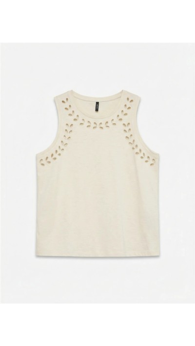 TOP CAMISETA BORDADO HOJAS BEIGE