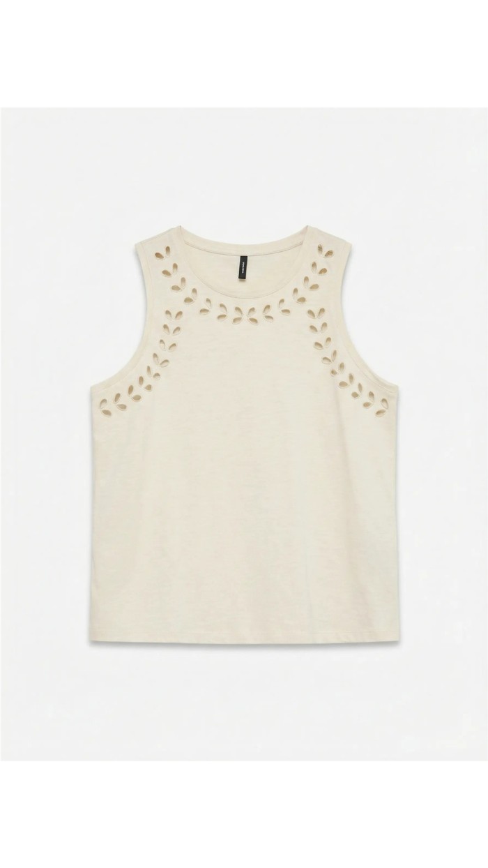 TOP CAMISETA BORDADO HOJAS BEIGE