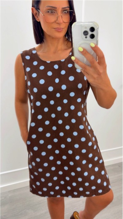 VESTIDO FONDO MARRÓN CHOCO LUNARES AZUL CIELO