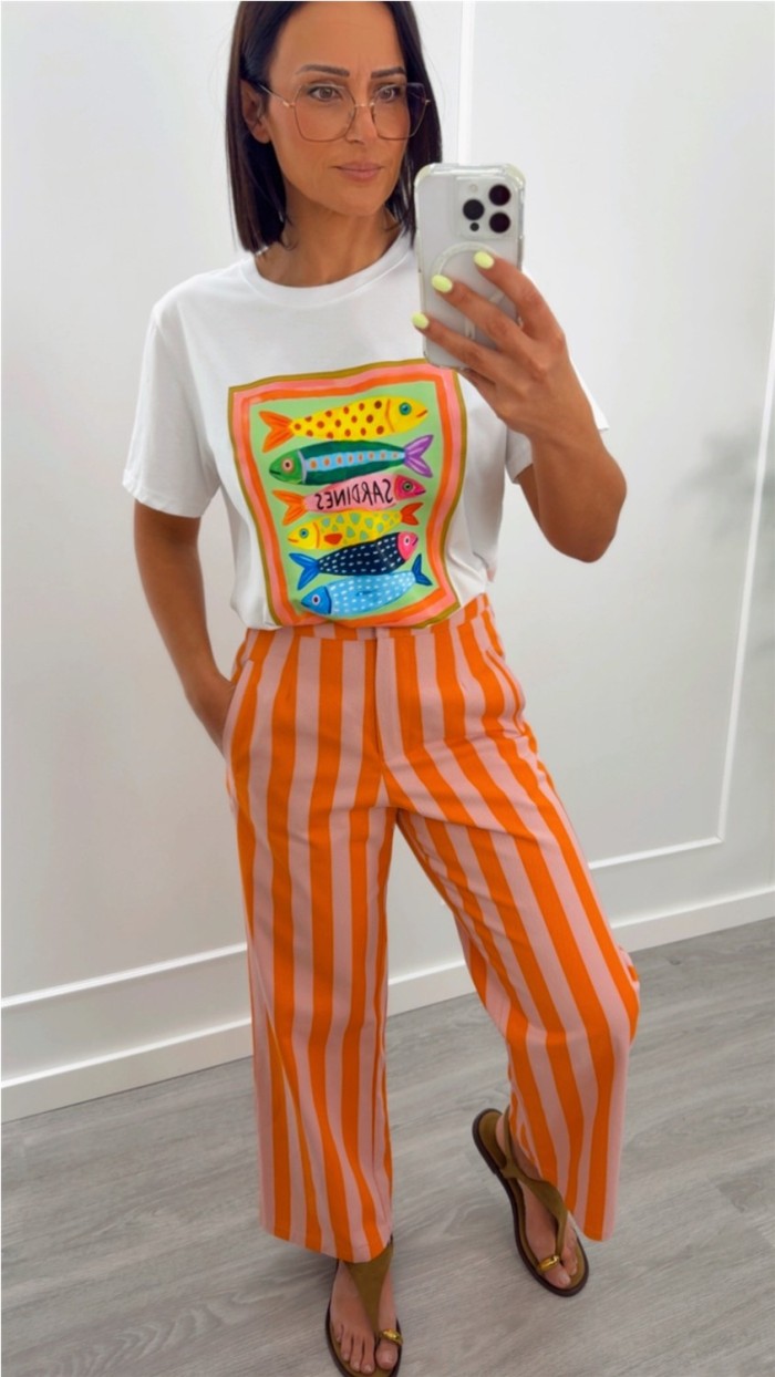 PANTALÓN NARANJA RAYAS ROSAS