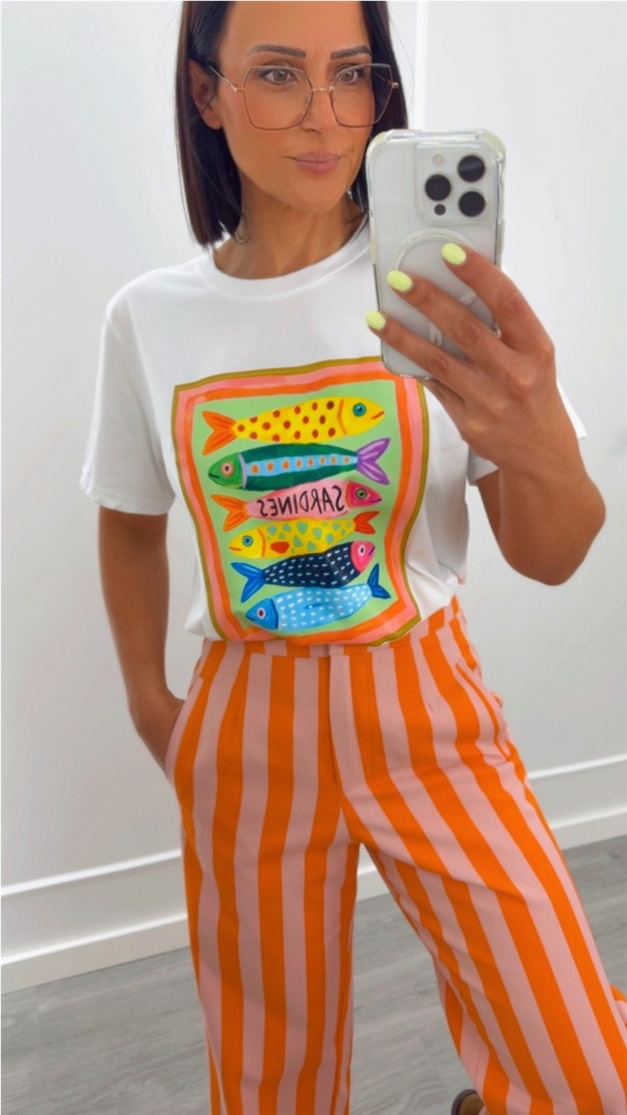 PANTALÓN NARANJA RAYAS ROSAS