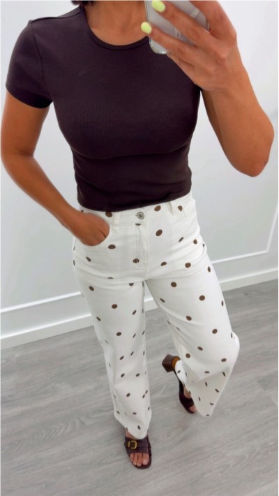 PANTALÓN TOPITOS FONDO BLANCO TOPOS MARRÓN CHOCO