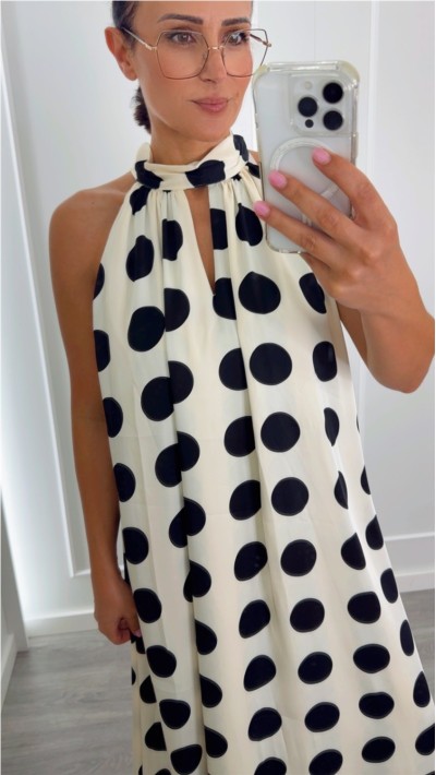 VESTIDO LUNARES LAZO CUELLO FONDO BEIGE