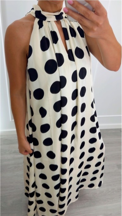 VESTIDO LUNARES LAZO CUELLO FONDO BEIGE 2