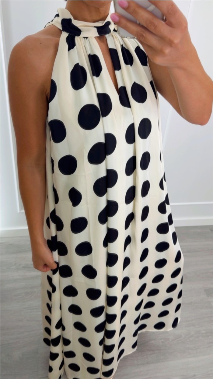 VESTIDO LUNARES LAZO CUELLO FONDO BEIGE