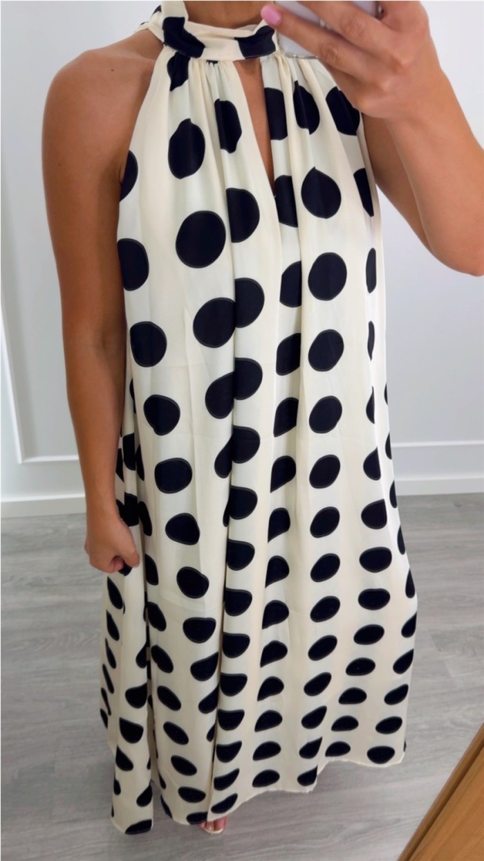 VESTIDO LUNARES LAZO CUELLO FONDO BEIGE
