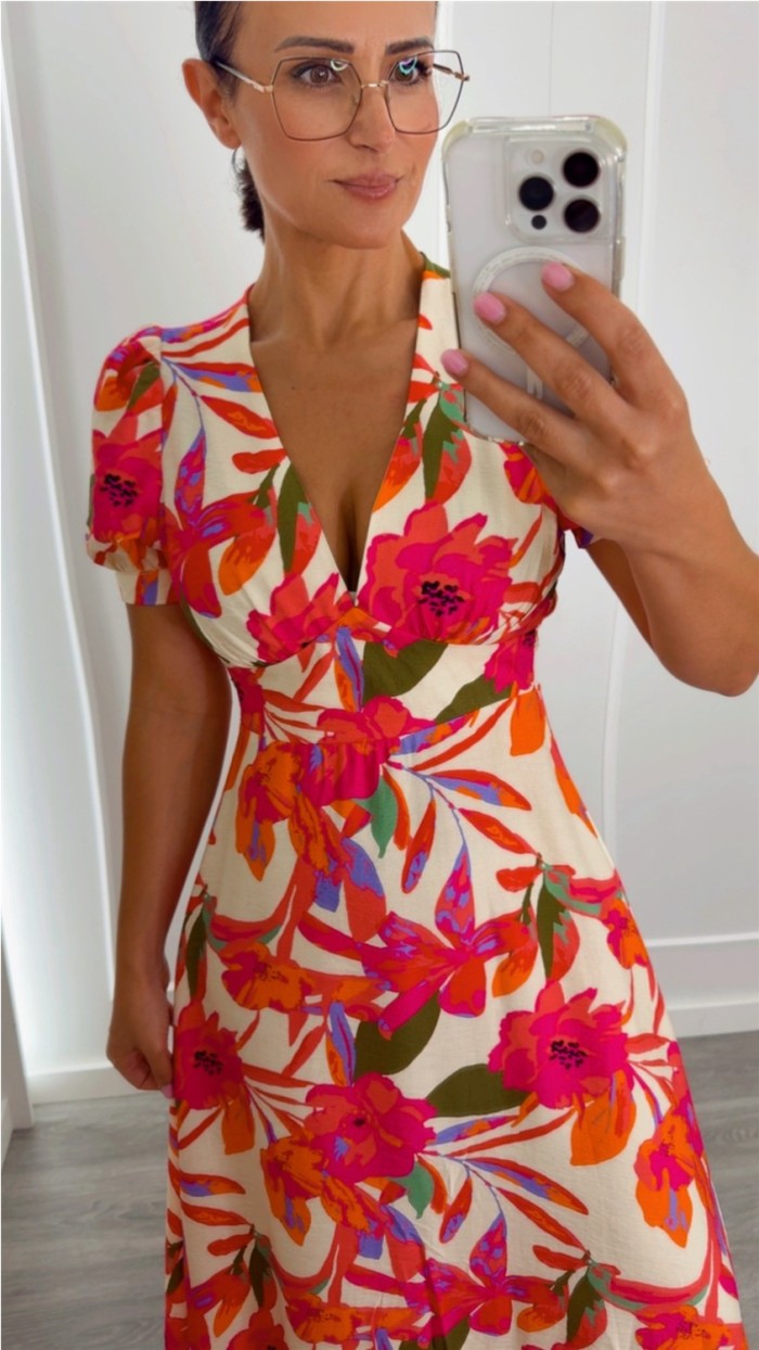 VESTIDO ESTAMPADO FLORAL ESCOTE PICO MANGA ABULLONADA