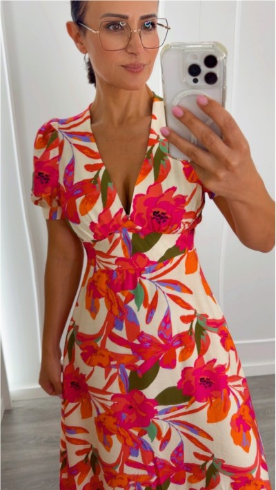 VESTIDO ESTAMPADO FLORAL ESCOTE PICO MANGA ABULLONADA
