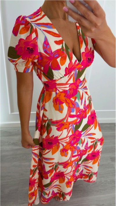 VESTIDO ESTAMPADO FLORAL ESCOTE PICO MANGA ABULLONADA 2