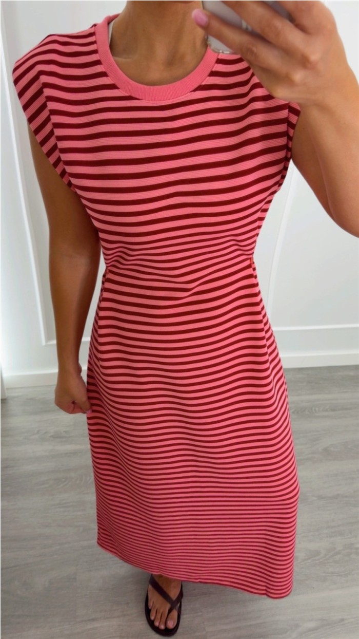 VESTIDO RAYAS CON DETALLE EN CINTURA, AZUL Y MARRÓN CHOCO Y ROSA Y BUR