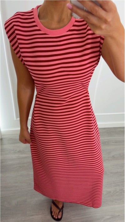 VESTIDO RAYAS CON DETALLE EN CINTURA, AZUL Y MARRÓN CHOCO Y ROSA Y BUR