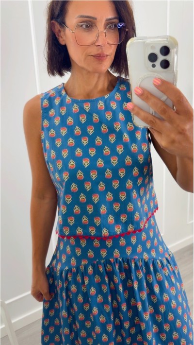 FALDA FONDO AZUL ESTAMPADO FLORES