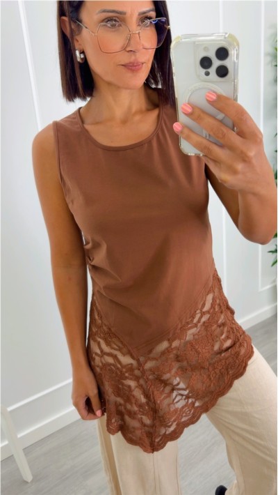 CAMISETA SIN MANGA CENEFA PUNTILLA , NEGRO, MARRÓN Y BEIGE