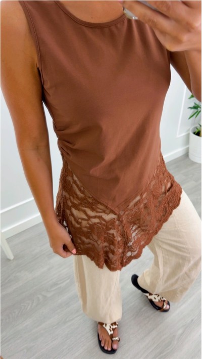 CAMISETA SIN MANGA CENEFA PUNTILLA , NEGRO, MARRÓN Y BEIGE 2
