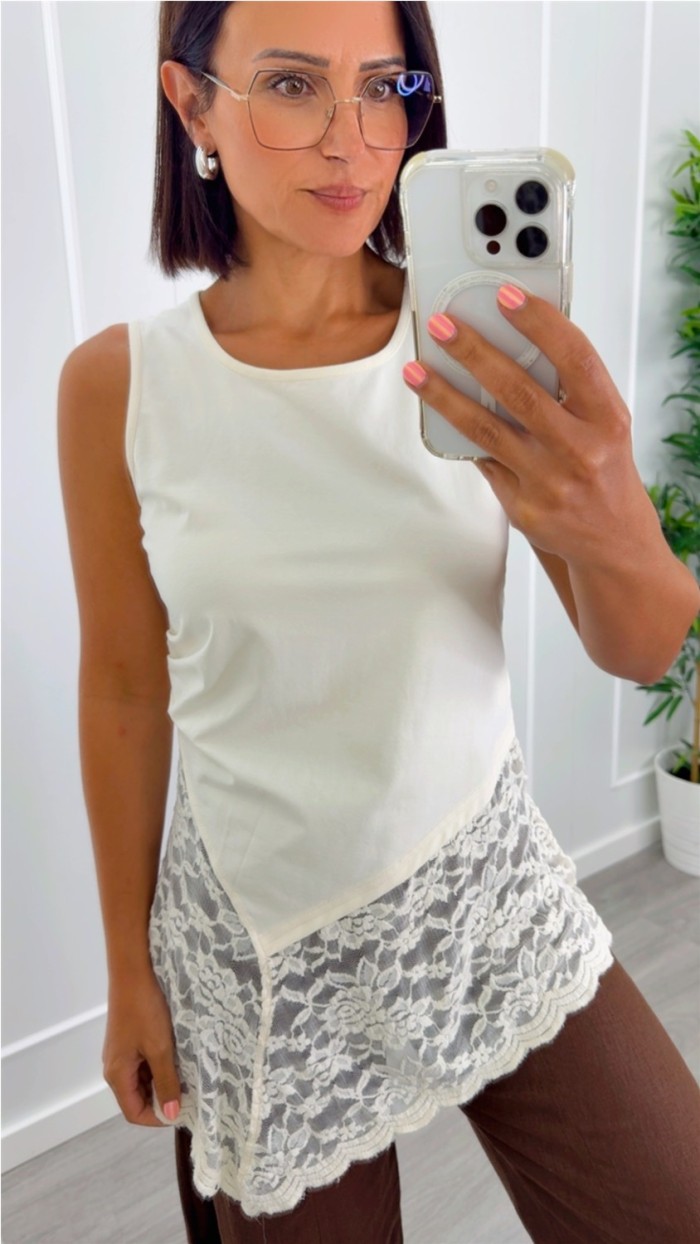 CAMISETA SIN MANGA CENEFA PUNTILLA , NEGRO, MARRÓN Y BEIGE