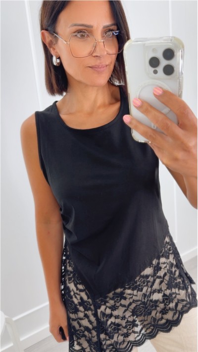 CAMISETA SIN MANGA CENEFA PUNTILLA , NEGRO, MARRÓN Y BEIGE