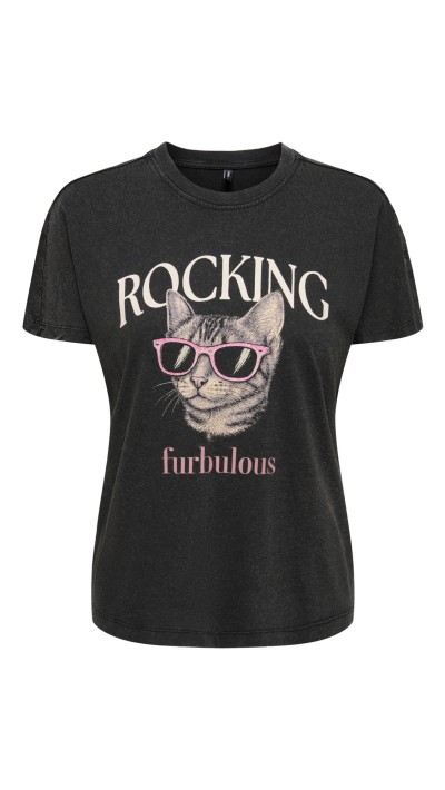 CAMISETA ONLY DIBUJO GATO ALGODÓN