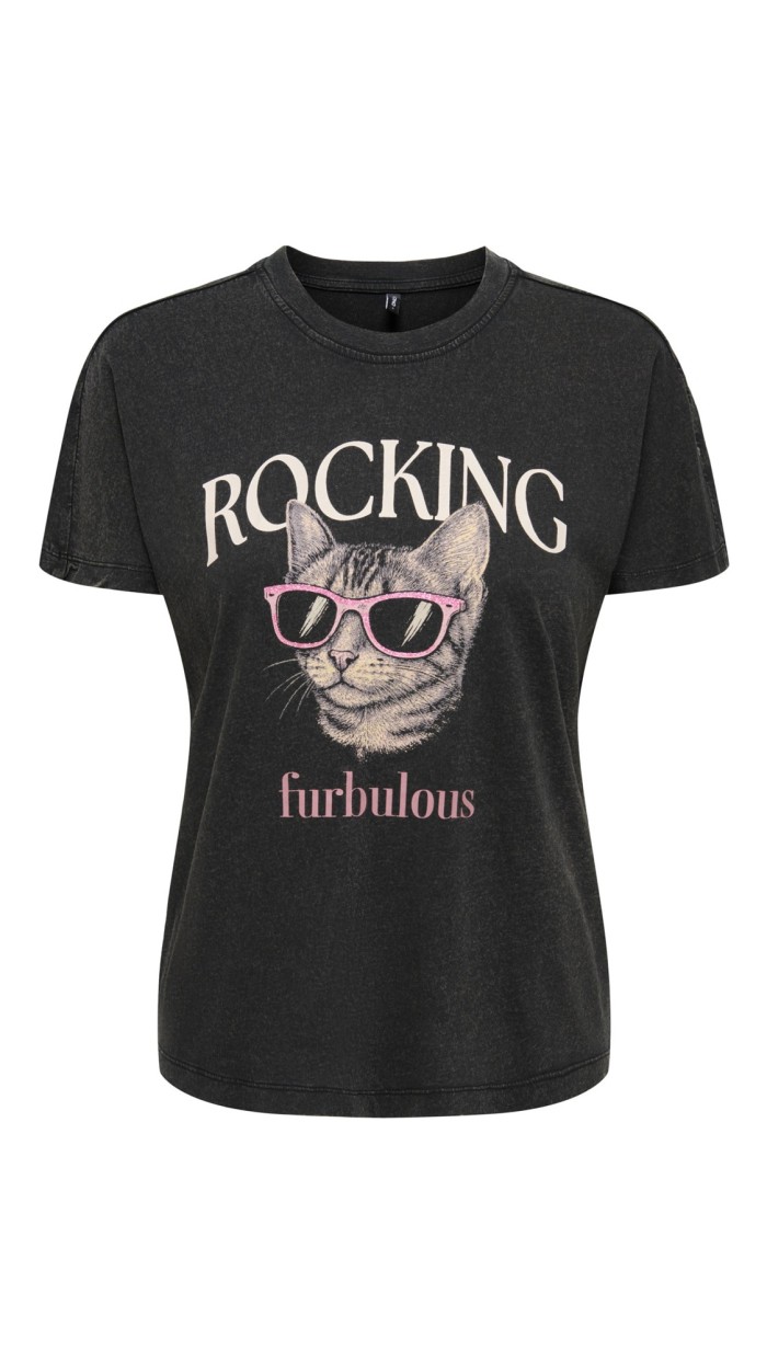 CAMISETA ONLY DIBUJO GATO ALGODÓN