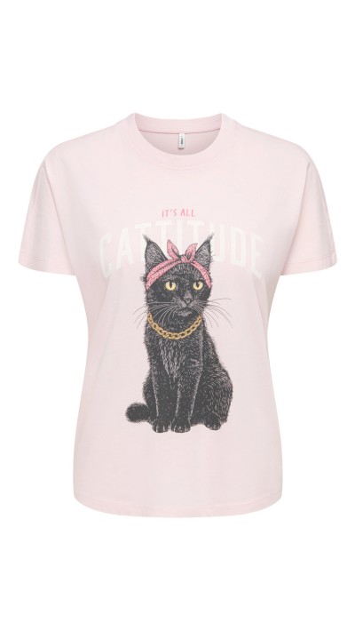 CAMISETA ONLY DIBUJO GATO ALGODÓN