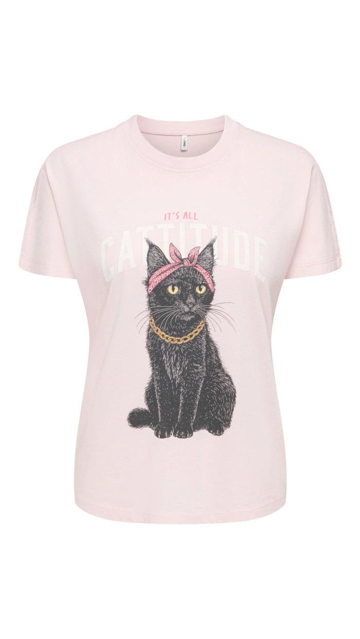 CAMISETA ONLY DIBUJO GATO ALGODÓN