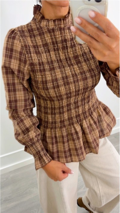 BLUSA GOMAS CUERPO CUADROS MARRONES