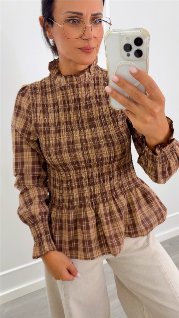 BLUSA GOMAS CUERPO CUADROS MARRONES
