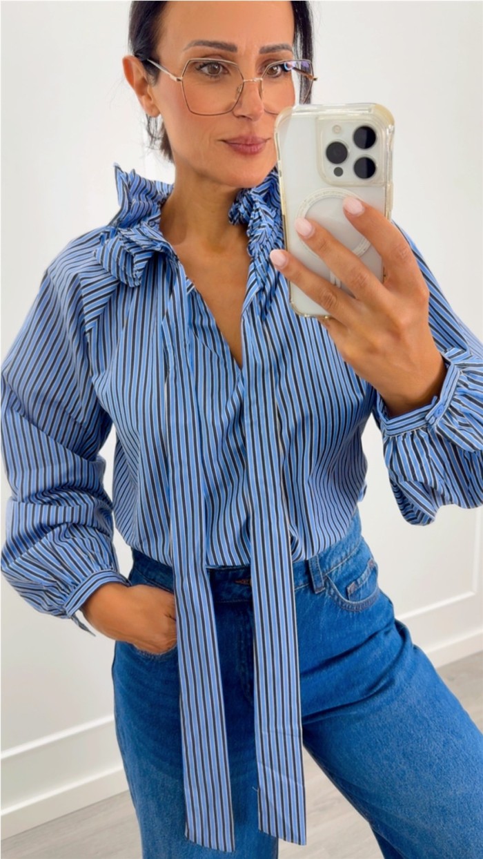 BLUSA RAYAS AZUL LAZO CUELLO