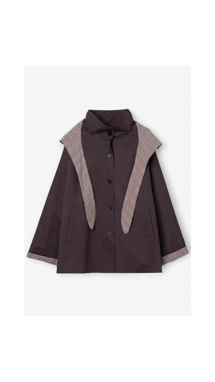 Chaqueta de corte amplio en gris oscuro con capucha a cuadros y cierre