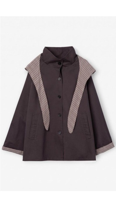 Chaqueta de corte amplio en gris oscuro con capucha a cuadros y cierre