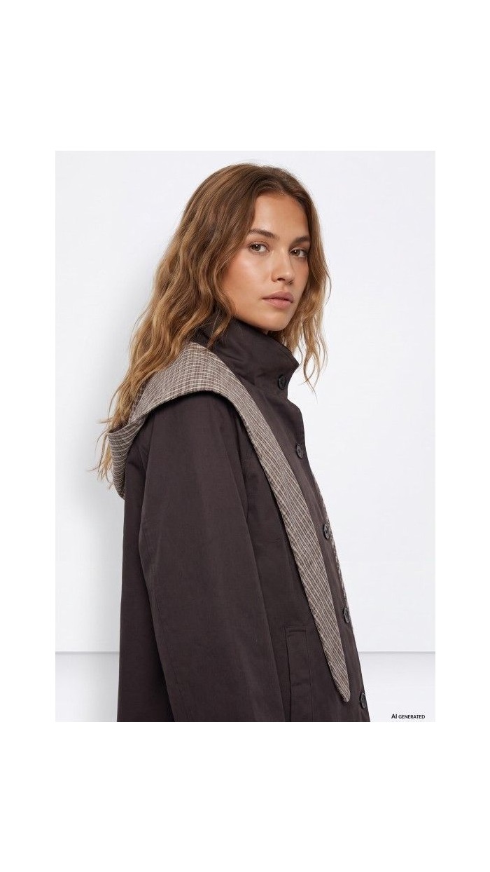 Chaqueta de corte amplio en gris oscuro con capucha a cuadros y cierre