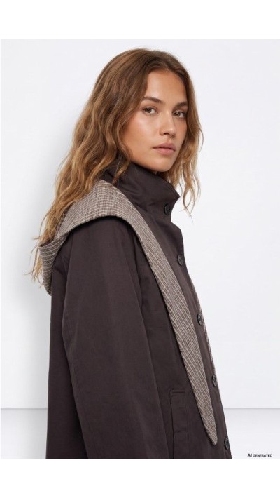 Chaqueta de corte amplio en gris oscuro con capucha a cuadros y cierre