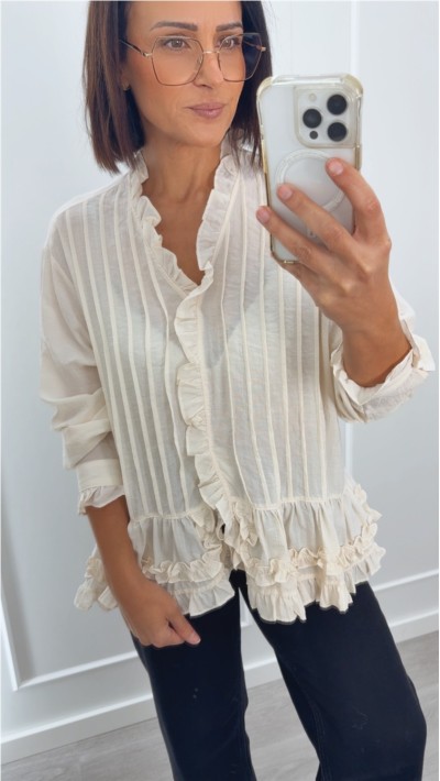 BLUSA EN BEIGE CON VOLANTES CULLO PICO